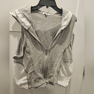Paper Tee 1X Gray Sleeveless Zip Hoodie Vest with Eyelet Lace Detail